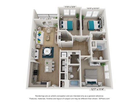 Floor plan for 3 beds, 2 baths, 1309 sqft